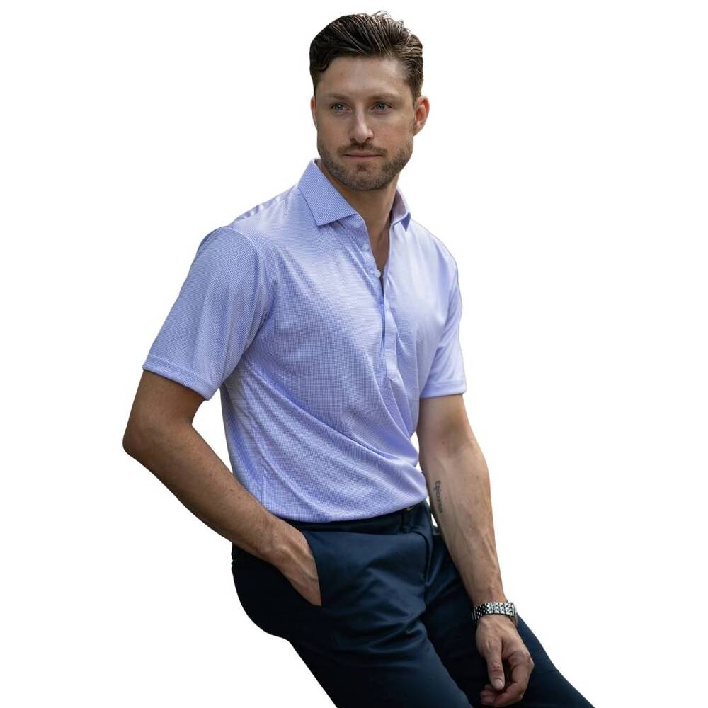 COLLARS & CO Mens Semi Spread Button Collar Polo Purple Houndstooth NWT S Relax